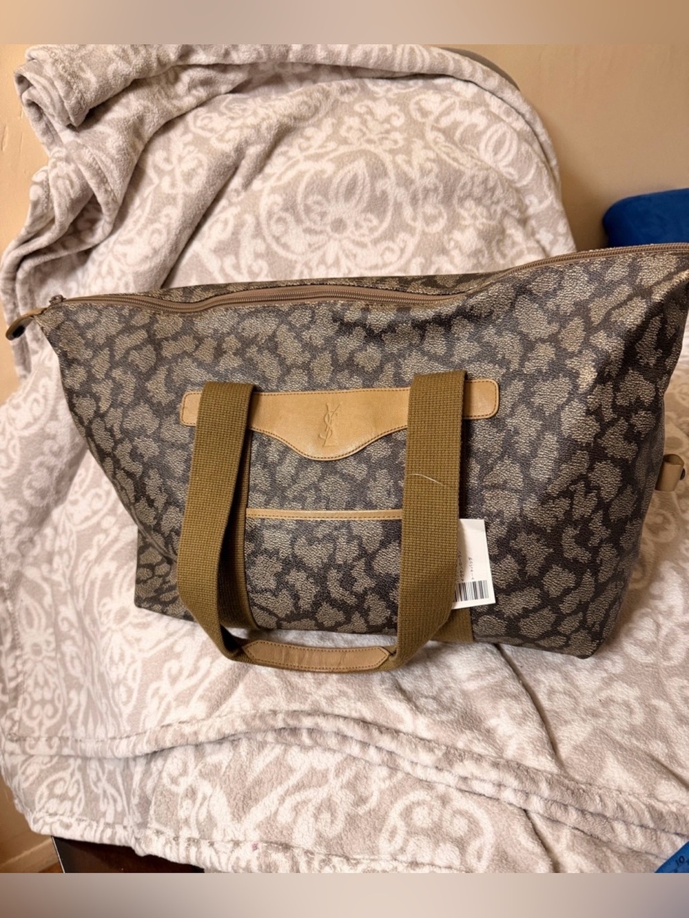 YSL Brown/Tan Logo Duffle Bag Large Zip Closure Silver Hardware | with COA